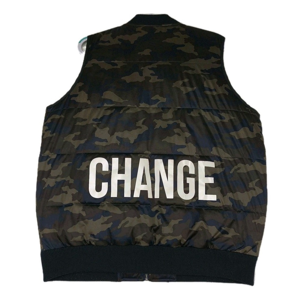 Zara Man Camo Puffer Vest Mens XL Green Camouflage Orange Lining Change Graphic